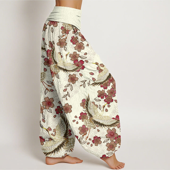 Buddha Stones Crane Peach Blossom Pattern Women's Elastic Waist Harem Pants - image 7