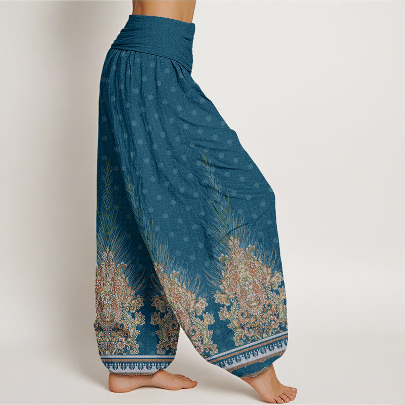 Buddha Stones Cotton Ethnic Peacock Floral Pattern Women's Elastic Waist Harem Pants - image 2