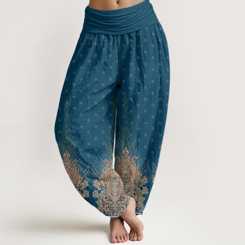 Buddha Stones Ethnic Peacock Floral Pattern Women's Elastic Waist Harem Pants - Teal - US22，UK/AU26，EU54 (6XL) - image 1
