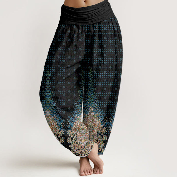 Buddha Stones Cotton Ethnic Peacock Floral Pattern Women's Elastic Waist Harem Pants - Black - US22，UK/AU26，EU54 (6XL) - image 7