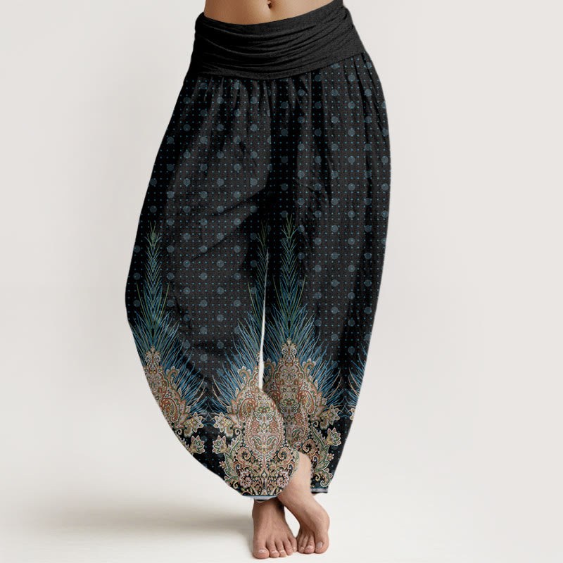 Buddha Stones Ethnic Peacock Floral Pattern Women's Elastic Waist Harem Pants - Black - US22，UK/AU26，EU54 (6XL) - image 8