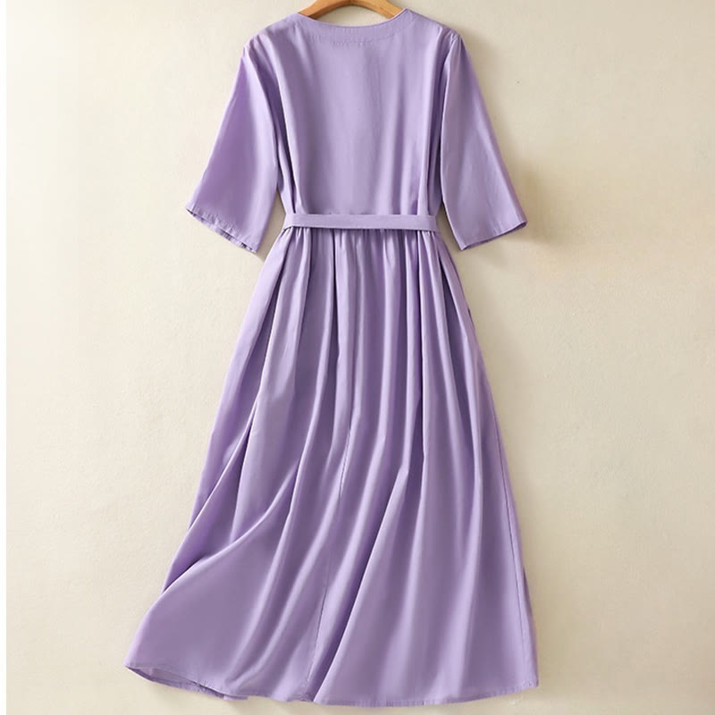 Buddha Stones Summer Orchid Embroidery Lace-Up V-Neck Half Sleeve Cotton Linen Midi Dress With Pockets - image 1