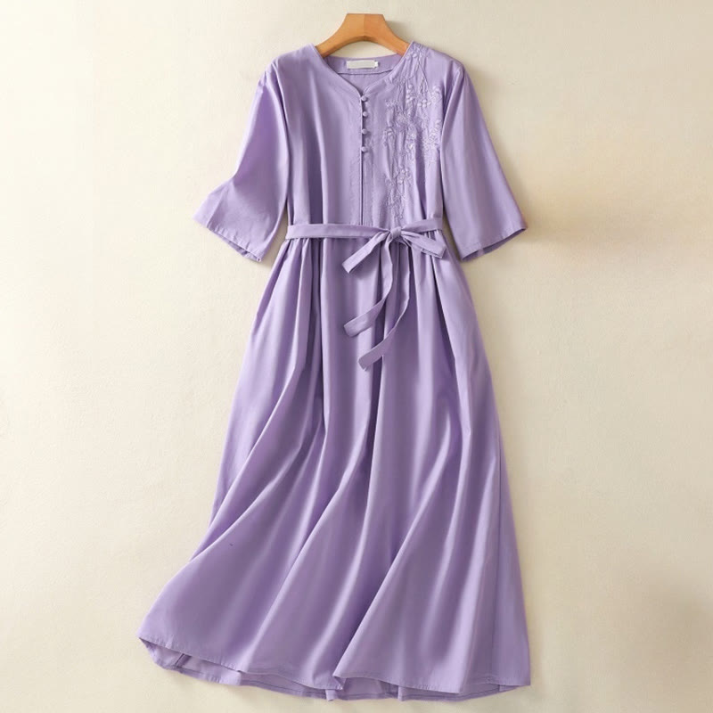 Buddha Stones Summer Orchid Embroidery Lace-Up V-Neck Half Sleeve Cotton Linen Midi Dress With Pockets - Orchid - US8-10，UK/AU12-14，EU40-42 (2XL) - image 0