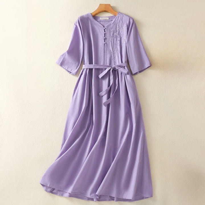 Buddha Stones Summer Orchid Embroidery Lace-Up V-Neck Half Sleeve Cotton Linen Midi Dress With Pockets - Orchid - US8-10，UK/AU12-14，EU40-42 (2XL) - image 0