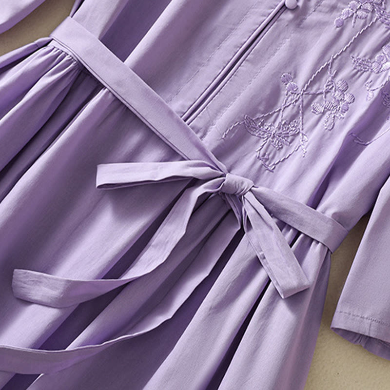 Buddha Stones Summer Orchid Embroidery Lace-Up V-Neck Half Sleeve Cotton Linen Midi Dress With Pockets - image 7