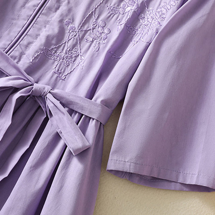 Buddha Stones Summer Orchid Embroidery Lace-Up V-Neck Half Sleeve Cotton Linen Midi Dress With Pockets - image 6