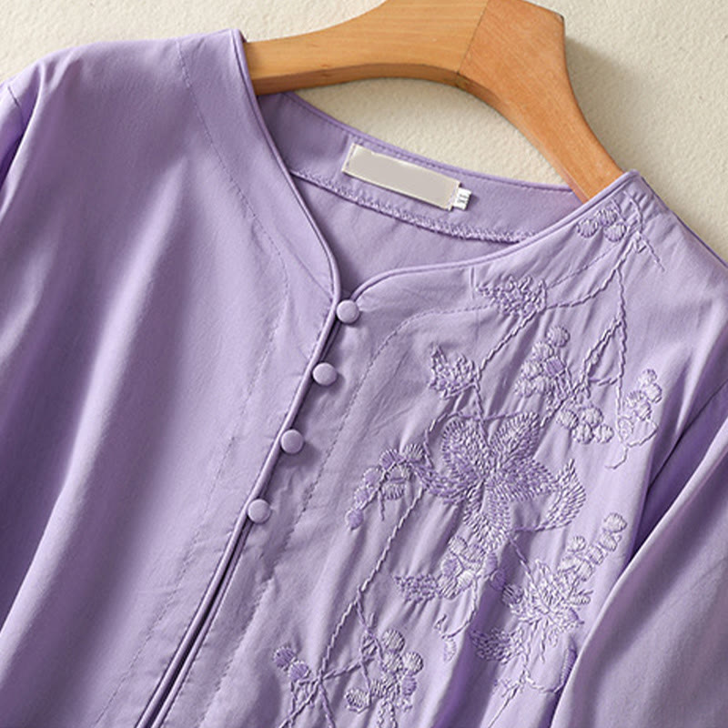 Buddha Stones Summer Orchid Embroidery Lace-Up V-Neck Half Sleeve Cotton Linen Midi Dress With Pockets - image 3