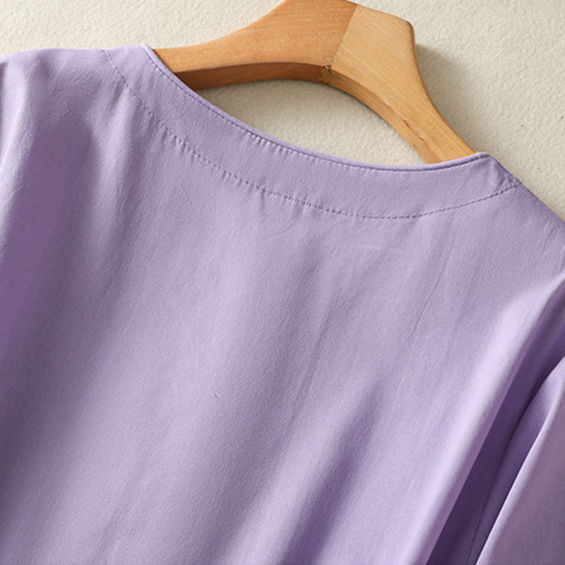 Buddha Stones Summer Orchid Embroidery Lace-Up V-Neck Half Sleeve Cotton Linen Midi Dress With Pockets - image 5