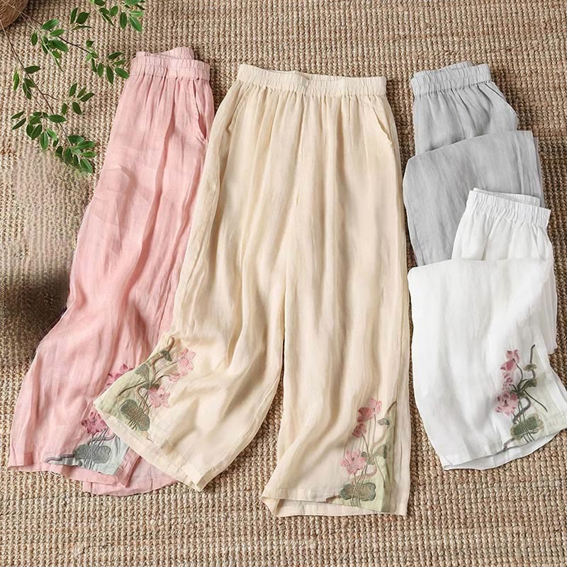 Buddha Stones Summer Embroidery Lotus Flower Lotus Leaf Pattern Women's Wide Leg Pants With Pockets - image 4