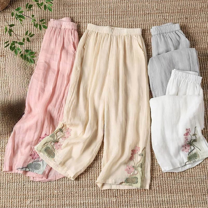 Buddha Stones Summer Embroidery Lotus Flower Lotus Leaf Pattern Women's Wide Leg Pants With Pockets - image 4