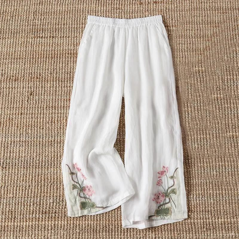 Buddha Stones Summer Embroidery Lotus Flower Lotus Leaf Pattern Women's Wide Leg Pants With Pockets - White - US14，UK/AU18，EU46 (4XL) - image 1