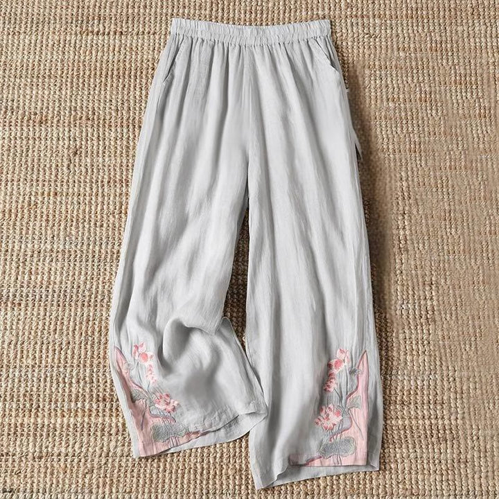 Buddha Stones Summer Embroidery Lotus Flower Lotus Leaf Pattern Women's Wide Leg Pants With Pockets - Silver - US14，UK/AU18，EU46 (4XL) - image 3