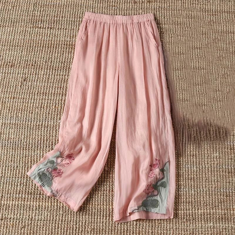 Buddha Stones Summer Embroidery Lotus Flower Lotus Leaf Pattern Women's Wide Leg Pants With Pockets - LightPink - US14，UK/AU18，EU46 (4XL) - image 2