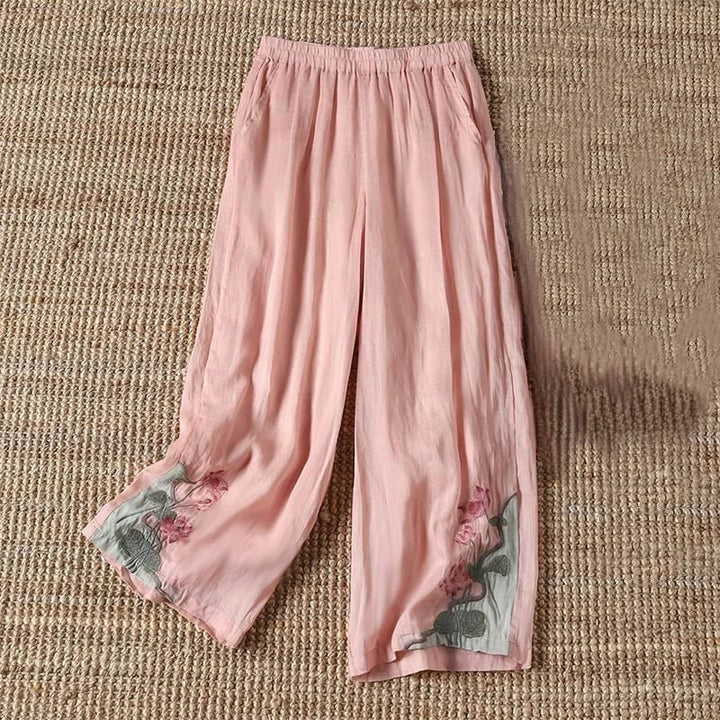Buddha Stones Summer Embroidery Lotus Flower Lotus Leaf Pattern Women's Wide Leg Pants With Pockets - LightPink - US14，UK/AU18，EU46 (4XL) - image 2