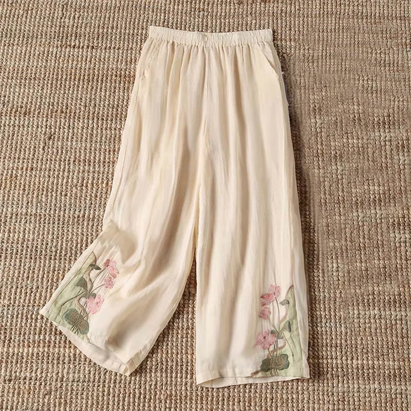 Buddha Stones Summer Embroidery Lotus Flower Lotus Leaf Pattern Women's Wide Leg Pants With Pockets - LightGoldenrodYellow - US14，UK/AU18，EU46 (4XL) - image 0
