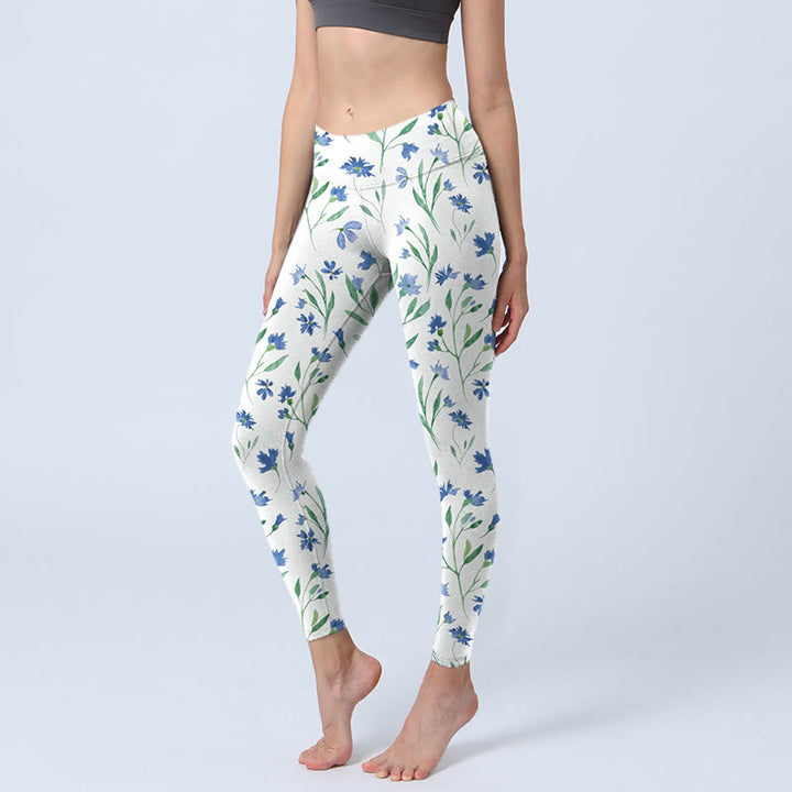 Buddha Stones White Flowers Leaf Pattern Print Gym Leggings Women's Yoga Pants - AliceBlue - US18，UK/AU22，EU50 (4XL) - image 0