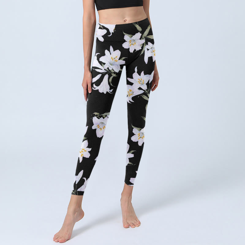 Buddha Stones Black Lily Flower Leaf Pattern Print Gym Leggings Women's Yoga Pants - image 5