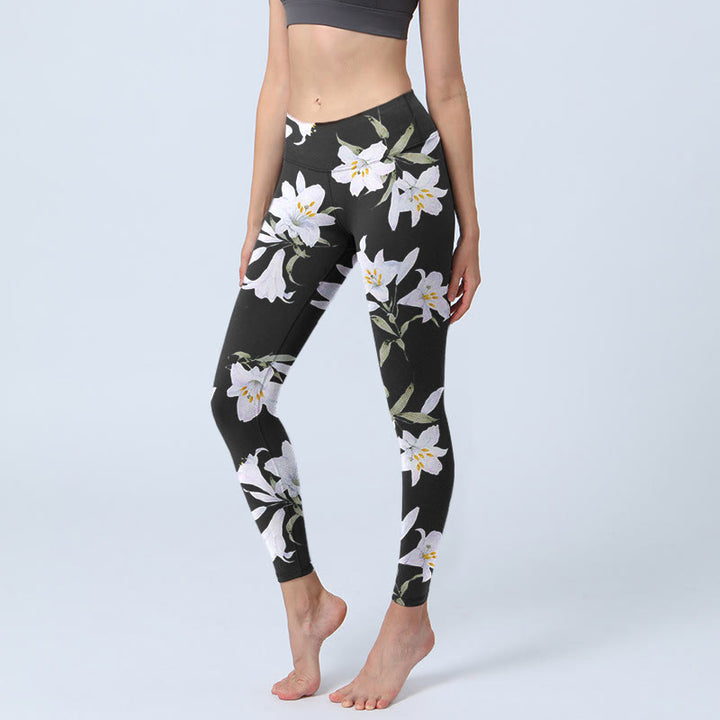 Buddha Stones Black Lily Flower Leaf Pattern Print Gym Leggings Women's Yoga Pants - Black - US18，UK/AU22，EU50 (4XL) - image 0