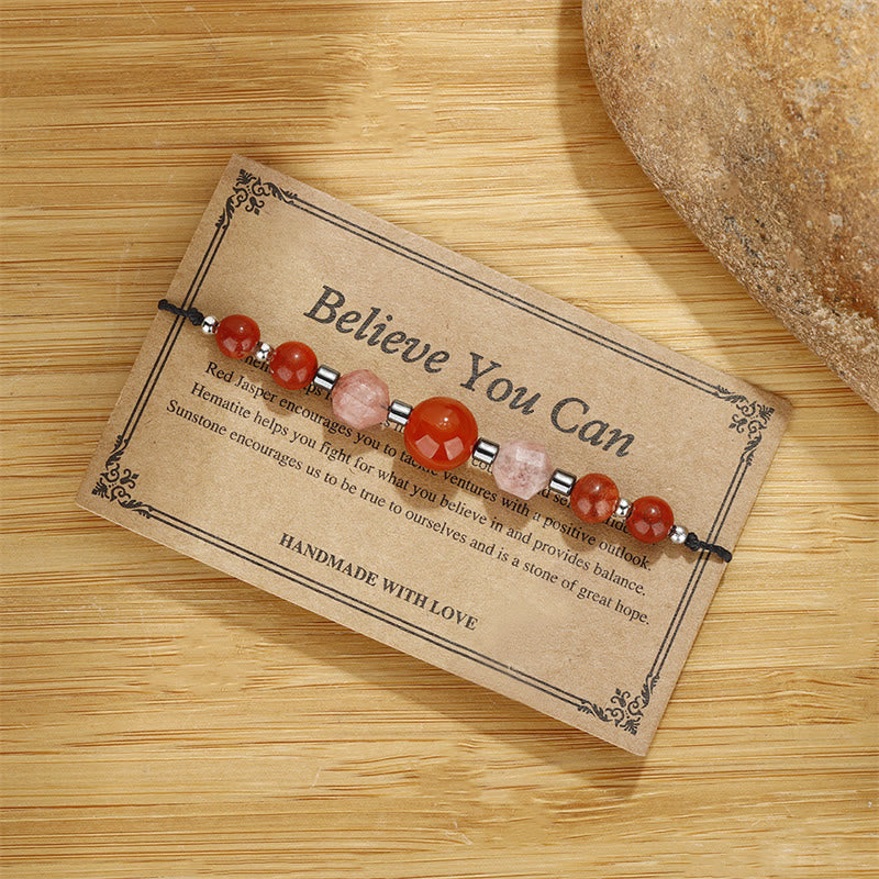 Buddha Stones Believe You Can Carnelian Red Jasper Hematite Sun Stone Positive Bracelet