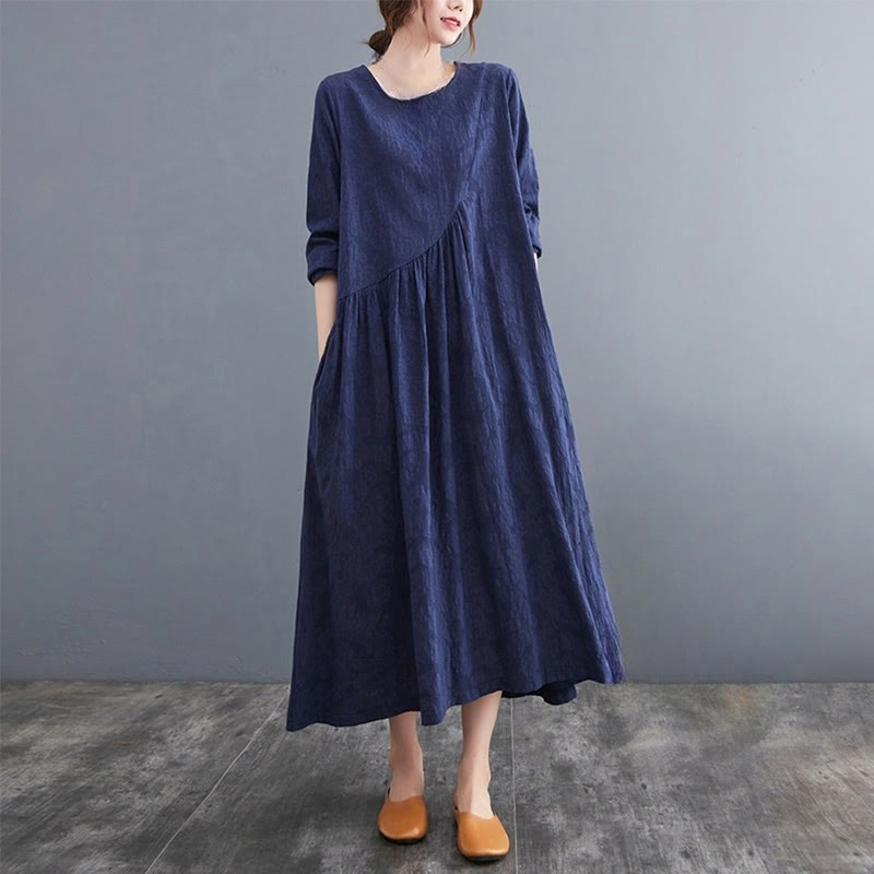 Buddha Stones Smiple Jacquard Pattern Long Sleeve Cotton Linen Women's Midi Dress With Pockets - SteelBlue - US8-10，UK/AU12-14，EU40-42 (2XL) - image 20