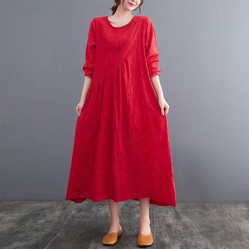 Buddha Stones Smiple Jacquard Pattern Long Sleeve Cotton Linen Women's Midi Dress With Pockets - Red - US8-10，UK/AU12-14，EU40-42 (2XL) - image 8