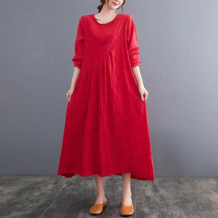 Buddha Stones Smiple Jacquard Pattern Long Sleeve Cotton Linen Women's Midi Dress With Pockets - Red - US8-10，UK/AU12-14，EU40-42 (2XL) - image 8