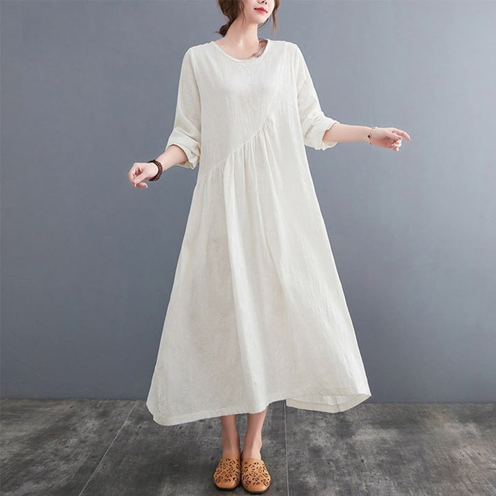 Buddha Stones Smiple Jacquard Pattern Long Sleeve Cotton Linen Women's Midi Dress With Pockets - White - US8-10，UK/AU12-14，EU40-42 (2XL) - image 0