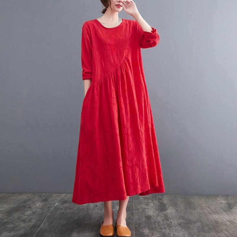 Buddha Stones Smiple Jacquard Pattern Long Sleeve Cotton Linen Women's Midi Dress With Pockets - image 11