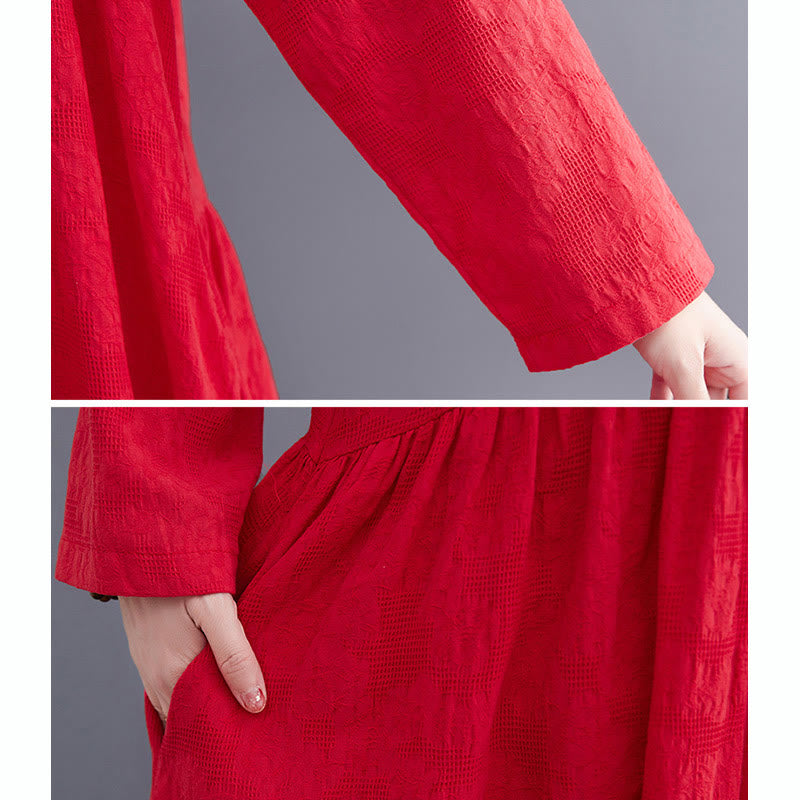 Buddha Stones Smiple Jacquard Pattern Long Sleeve Cotton Linen Women's Midi Dress With Pockets - image 18