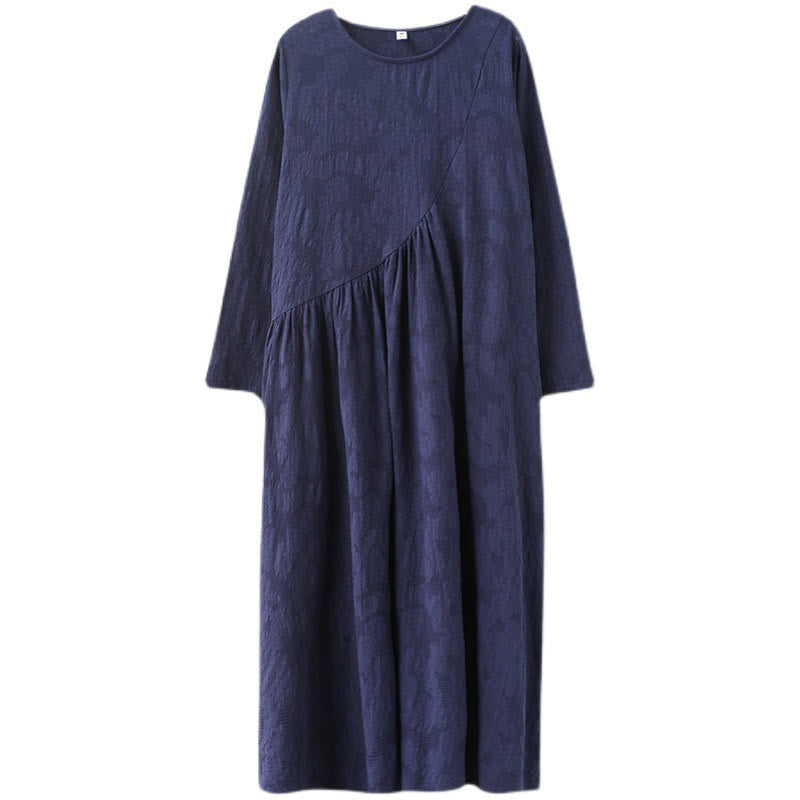 Buddha Stones Smiple Jacquard Pattern Long Sleeve Cotton Linen Women's Midi Dress With Pockets - image 28