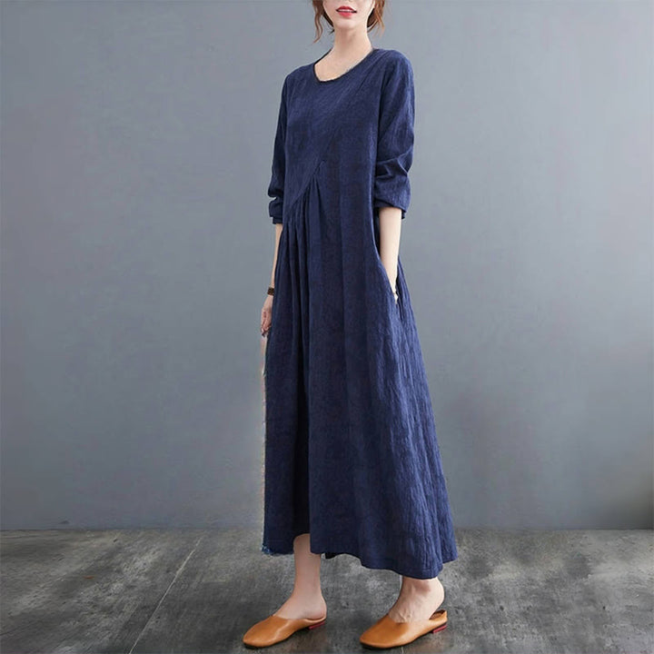 Buddha Stones Smiple Jacquard Pattern Long Sleeve Cotton Linen Women's Midi Dress With Pockets - image 22
