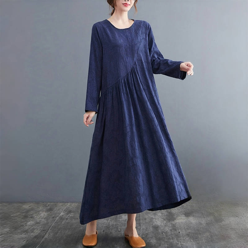 Buddha Stones Smiple Jacquard Pattern Long Sleeve Cotton Linen Women's Midi Dress With Pockets - image 23
