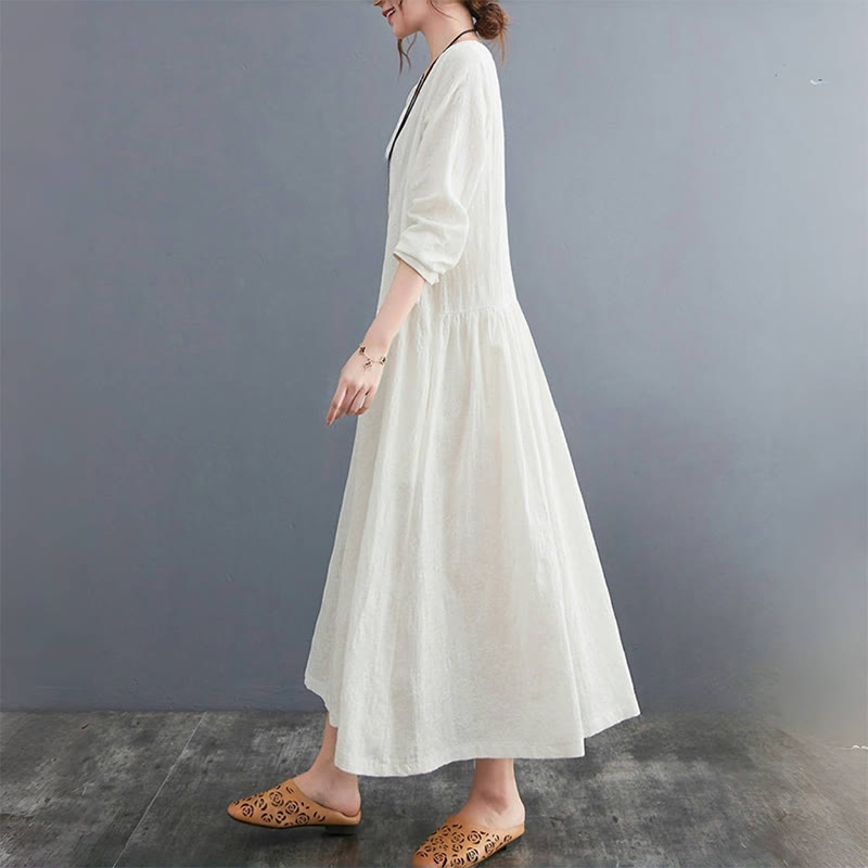 Buddha Stones Smiple Jacquard Pattern Long Sleeve Cotton Linen Women's Midi Dress With Pockets - image 2