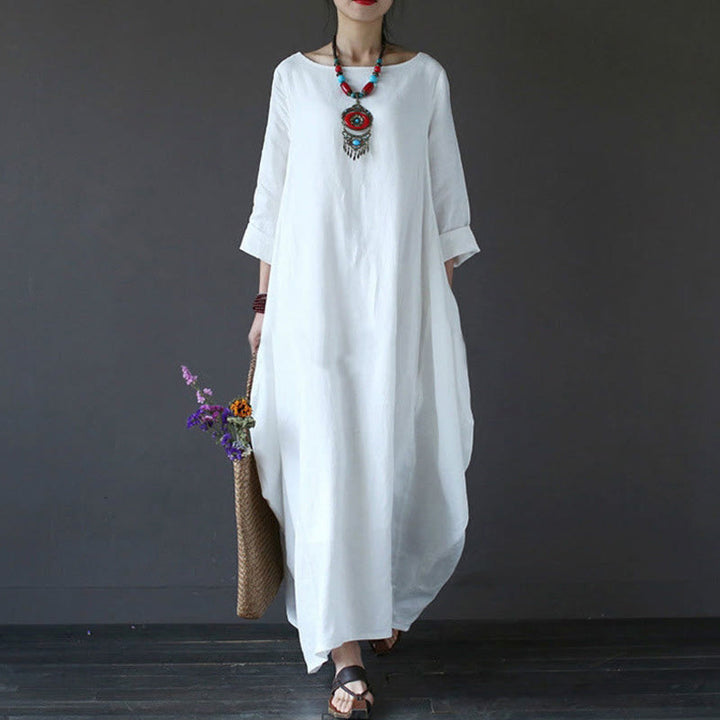Buddha Stones Solid Color Three Quarter Sleeve Cotton Women's Maxi Dress - White - US16，UK/AU20，EU48 (5XL) - image 0