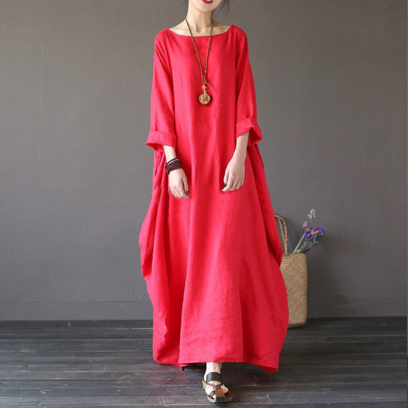 Buddha Stones Solid Color Three Quarter Sleeve Cotton Women's Maxi Dress - Red - US16，UK/AU20，EU48 (5XL) - image 5