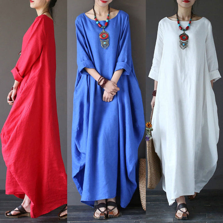 Buddha Stones Solid Color Three Quarter Sleeve Cotton Women's Maxi Dress - image 7