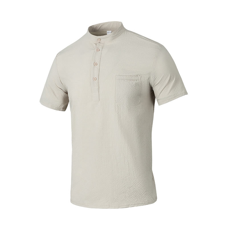 Buddha Stones Solid Color Polo Plaid Half Buttons Men's Short Sleeve Shirt - Beige - US/UK/AU46，EU56 (3XL) - image 26