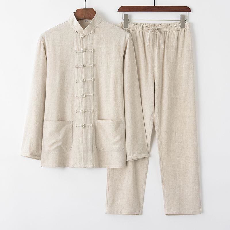 Buddha Stones 2Pcs Tang Suit Frog-Button Long Sleeve Shirt Pants Men's Set - Beige - US/UK/AU42，EU52 (4XL) - image 0