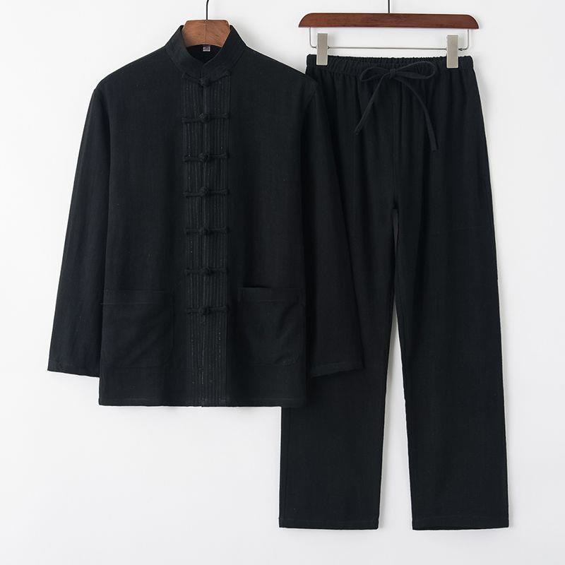 Buddha Stones 2Pcs Tang Suit Frog-Button Long Sleeve Shirt Pants Men's Set - Black - US/UK/AU42，EU52 (4XL) - image 12