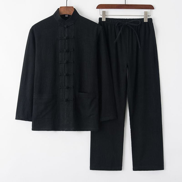 Buddha Stones 2Pcs Tang Suit Frog-Button Long Sleeve Shirt Pants Men's Set - Black - US/UK/AU42，EU52 (4XL) - image 12