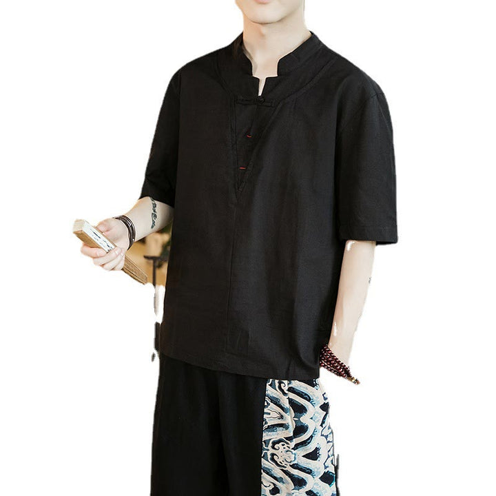 Buddha Stones Summer Plain Color Frog-Button Notched Neck Men's Half Sleeve Cotton Shirt - image 4