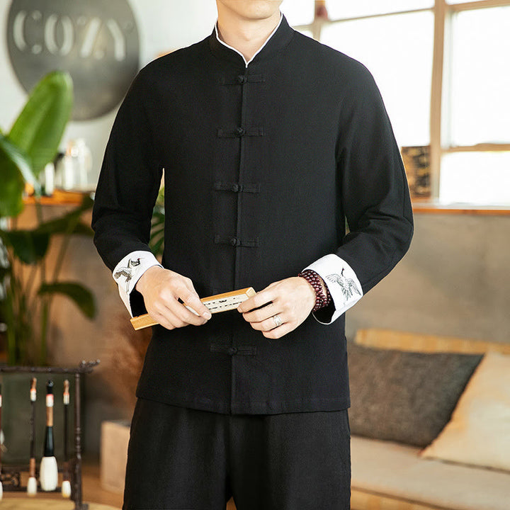 Buddha Stones Tang Suit Frog-Button Crane Embroidery Long Sleeve Cotton Men's Shirt - Black - US/UK/AU46，EU56 (5XL) - image 16