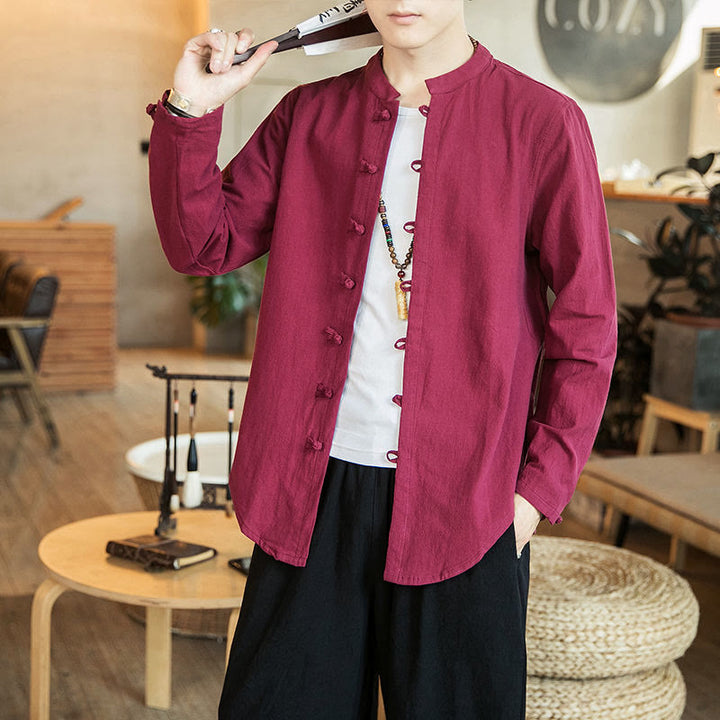 Buddha Stones Casual Stand Collar Frog-Button Long Sleeve Tang Suit Men's Shirt - Crimson - US/UK/AU46，EU56 (5XL) - image 15