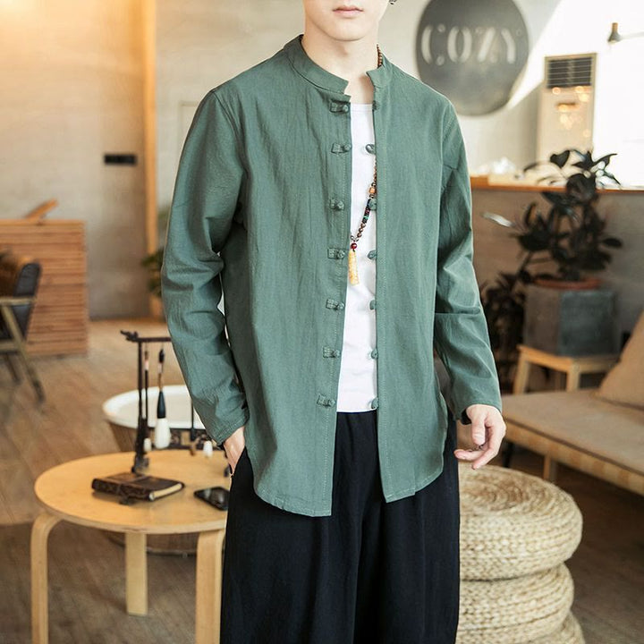 Buddha Stones Casual Stand Collar Frog-Button Long Sleeve Tang Suit Men's Shirt - DarkSeaGreen - US/UK/AU46，EU56 (5XL) - image 16