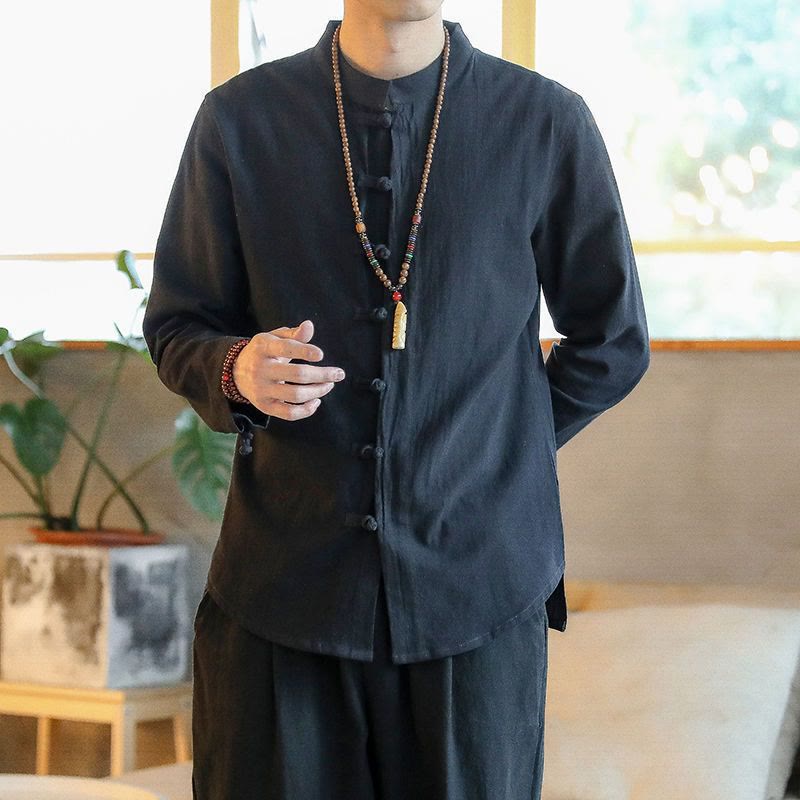 Buddha Stones Casual Stand Collar Frog-Button Long Sleeve Tang Suit Men's Shirt - Black - US/UK/AU46，EU56 (5XL) - image 6