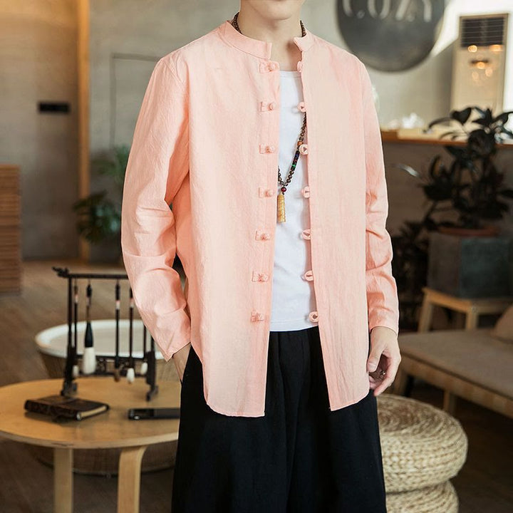 Buddha Stones Casual Stand Collar Frog-Button Long Sleeve Tang Suit Linen Men's Shirt - LightPink - US/UK/AU46，EU56 (5XL) - image 13