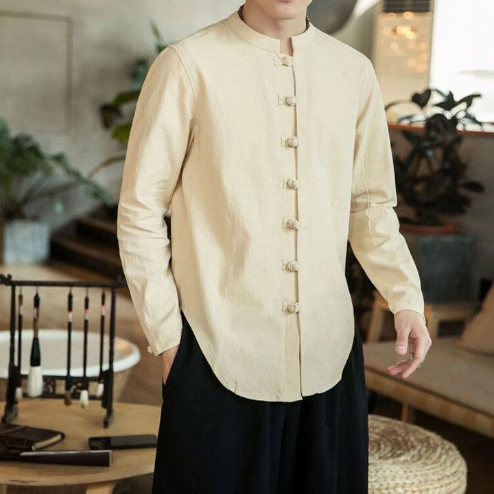Buddha Stones Casual Stand Collar Frog-Button Long Sleeve Tang Suit Men's Shirt - Beige - US/UK/AU46，EU56 (5XL) - image 11