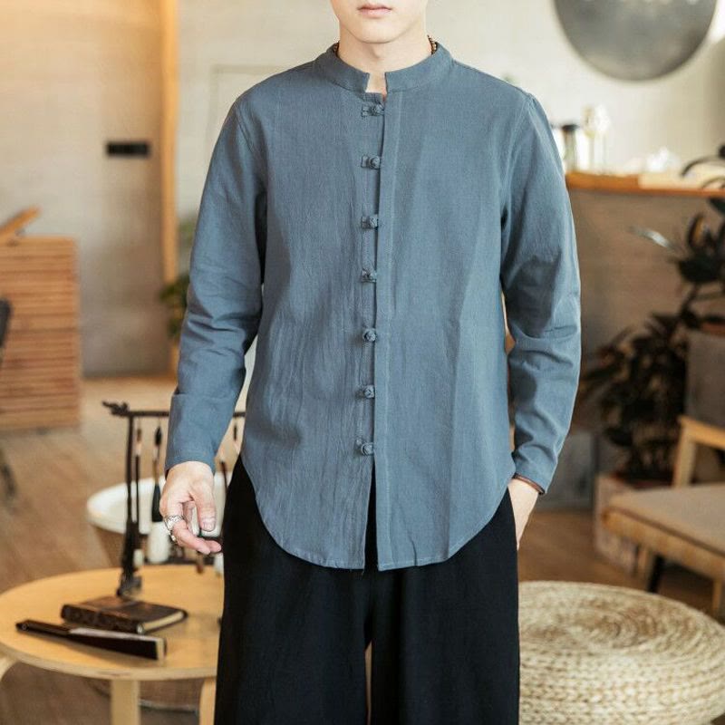 Buddha Stones Casual Stand Collar Frog-Button Long Sleeve Tang Suit Linen Men's Shirt - DimGray - US/UK/AU46，EU56 (5XL) - image 10