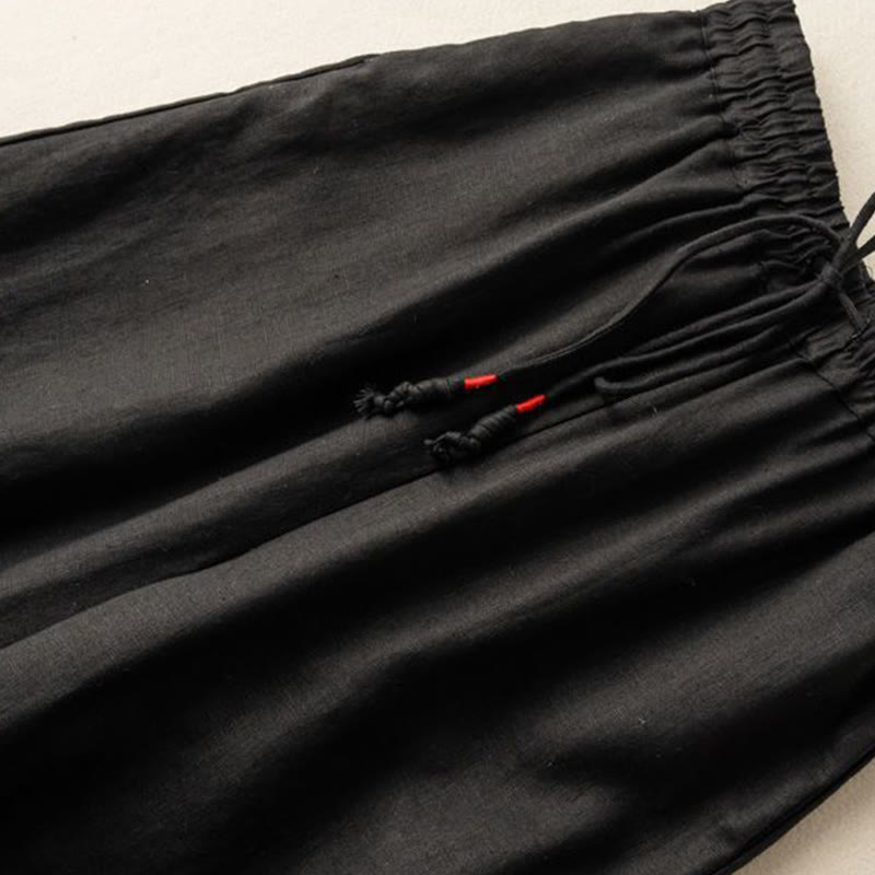 Buddha Stones Casual Embroidery Bohemian Pattern Drawstring Cotton Linen Women's Wide Leg Pants With Pockets - image 9