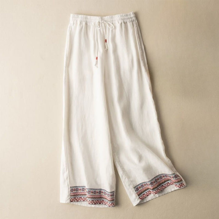 Buddha Stones Casual Embroidery Bohemian Pattern Drawstring Women's Wide Leg Pants With Pockets - OldLace - US12，UK/AU16，EU44 (XL) - image 12